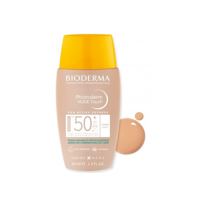 Bioderma Photoderm Nude Touch Слънцезащитен минерален оцветен флуид за лице за комбинирана и