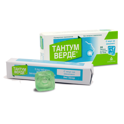 Тантум Верде с вкус на евкалипт при възпалено гърло и болки в устната кухина 3 мг x 20 таблетки Angelini 