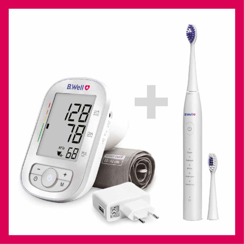 Автоматичният апарат за кръвно B.Well TH-75 AFIB, адаптер, M-L маншет + Sonic PRO 850 Звукова четка за зъби Комплект