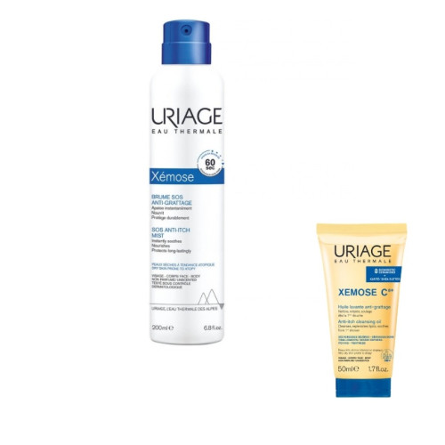 Uriage Xemose C8+ SOS Успокояващ спрей аерозол за много суха кожа 200 мл + Uriage Xemose C8+ Почистващо душ олио за лице и тяло 50 мл Комплект