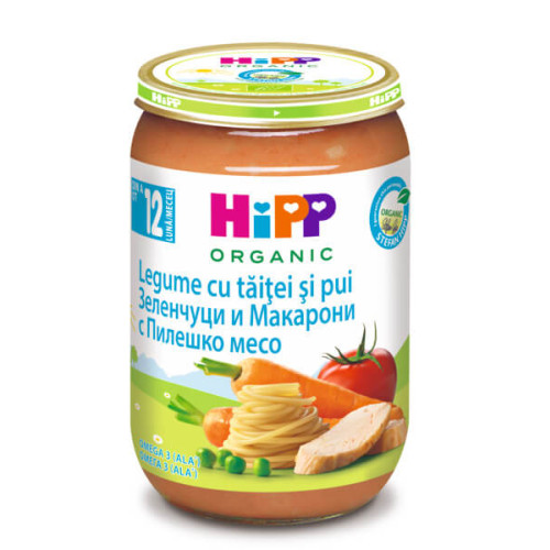 Hipp Био пюре пилешко със зеленчуци и макарони 12М+220 г