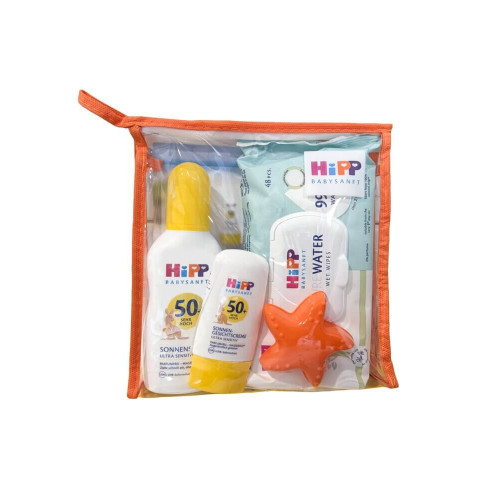 Hipp Baby Слънцезащитен спрей за бебета SPF50+ 150 мл + Hipp Baby Детски слънцезащитен крем за лице 0М+ SPF50+ 30 мл + Hipp Soft & Pur Мокри кърпи х 48 броя + Подарък Комплект