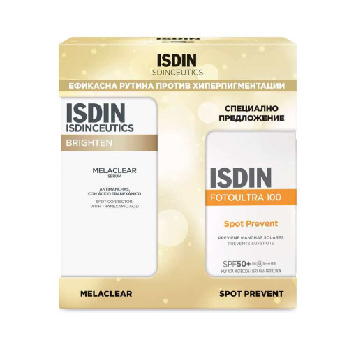 ISDIN Isdinceutics Melaclear Серум против хиперпигментации 30 мл + ISDIN FotoUltra 100 Слънцезащитен флуид против пигментни петна SPF50+ 50 мл Комплект