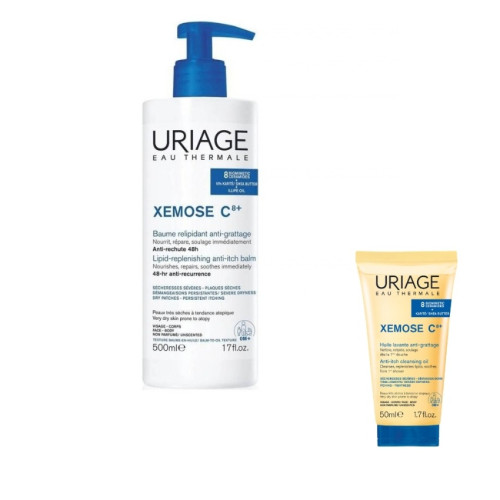 Uriage Xemose C8+ Успокояващ олио балсам за суха и много суха кожа 500 мл + Uriage Xemose C8+ Почистващо душ олио за лице и тяло 50 мл Комплект