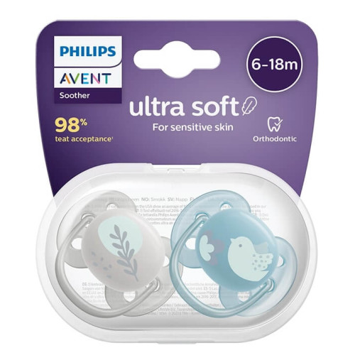 Avent Ultra Soft Ортодонтична залъгалка с кутийка 6-18М птица х 2 броя 