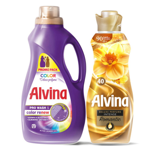Alvina Color Deluxe Pеrfume Перилен препарат за цветни тъкани 1750 мл + Alvina Deluxe Perfume Intense Romantic Омекотител за тъкани 880 мл Комплект