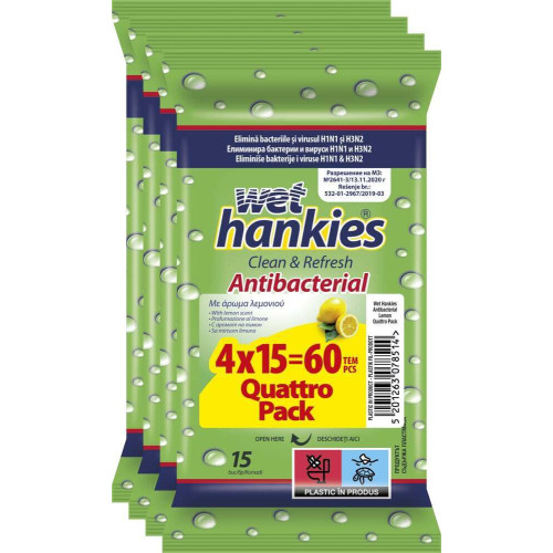Wet Hankies Антибактериални мокри кърпи с лимон 4 х 15 броя Комплект