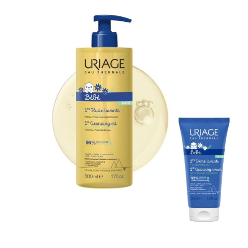 Uriage Bebe 1er Измиващо душ-олио за бебета и деца с органичен еделвайс 500 мл + Нежен пенлив душ-крем за бебета и деца за лице, тяло и коса с органичен еделвайс 50 мл Комплект