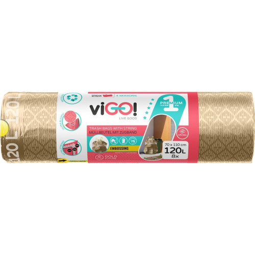 viGО! Торби за отпадъци с връзки Premium златисти №1 120 L х 8 броя 