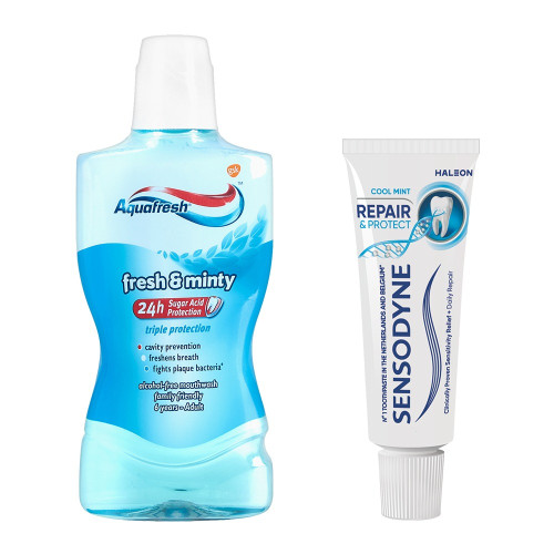Aquafresh Fresh & Minty Вода за уста 500 мл + Sensodyne Repair and Protect паста за зъби 15 мл Комплект