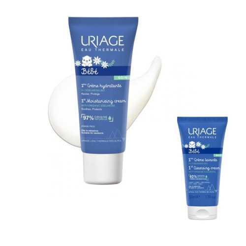 Uriage Bebe 1er Хидратиращ защитен крем за лице за бебета и деца с органичен еделвайс 40 мл + Нежен пенлив душ-крем за бебета и деца за лице, тяло и коса с органичен еделвайс 50 мл Комплект