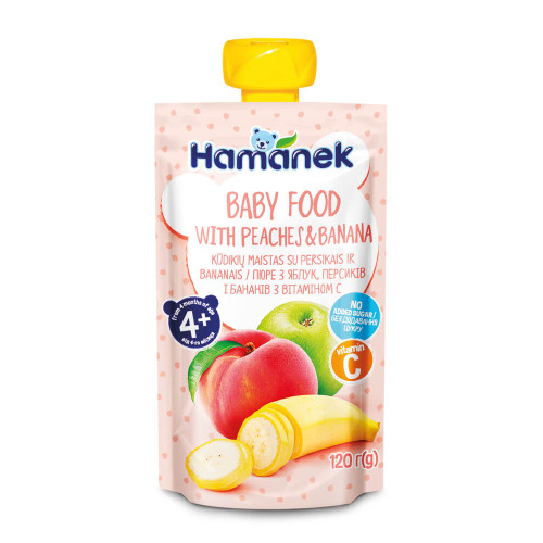 Hamanek Пауч с ябълка, праскова и банан 4М+ 120 г