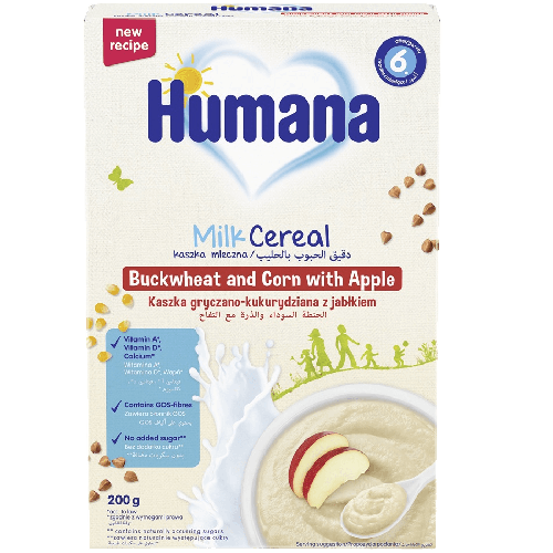  Humana Млечно-зърнена каша с елда, царевица и ябълка 6М+ 200 гр
