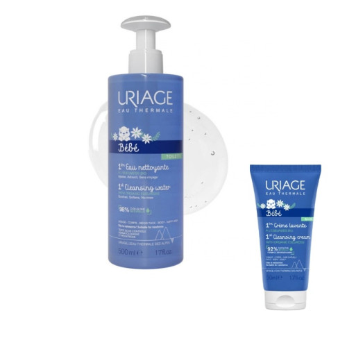 Uriage Bebe 1er EAU Почистваща вода за бебета без изплакване с органичен еделвайс 500 мл + Нежен пенлив душ-крем за бебета и деца за лице, тяло и коса с органичен еделвайс 50 мл Комплект