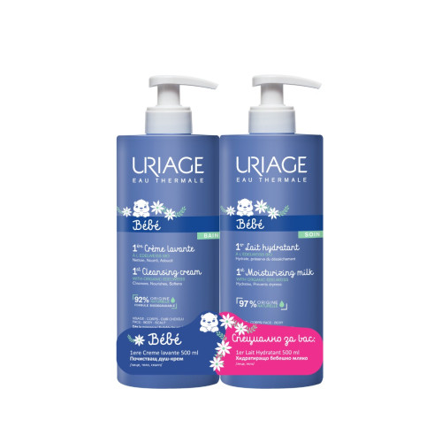 Uriage Bebe 1er Нежен пенлив душ-крем 500 мл + Uriage Bebe 1er Lait Hydratant Нежно хидратиращо мляко 500 мл Комплект