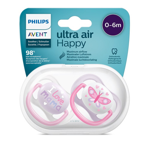 Philips Avent Ultra Air Happy Girl Ортодонтична залъгалка с кутийка за момиче 0-6М x2 бр 