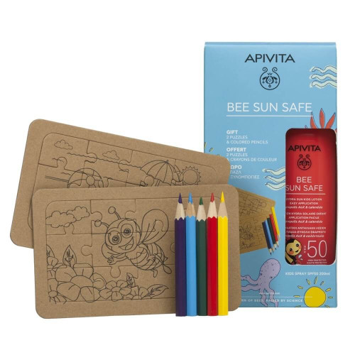 Apivita Bee Sun Safe Слънцезащитен хидратиращ спрей за бебета и деца SPF50 200 мл + Подарък: Крафт пъзел + цветни моливчета Комплект
