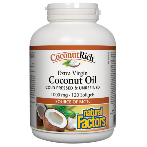 Natural Factors Extra Virgin Coconut Oil студена пресовано кокосово масло - източник на MCTs 1000 мг х 120 софтгел капсули