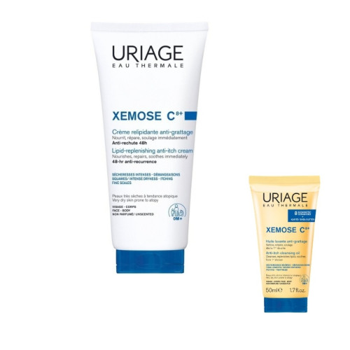 Uriage Xemose C8+ Успокояващ липидовъзстановяващ крем за лице и тяло за много суха кожа 200 мл + Uriage Xemose C8+ Почистващо душ олио за лице и тяло 50 мл Комплект