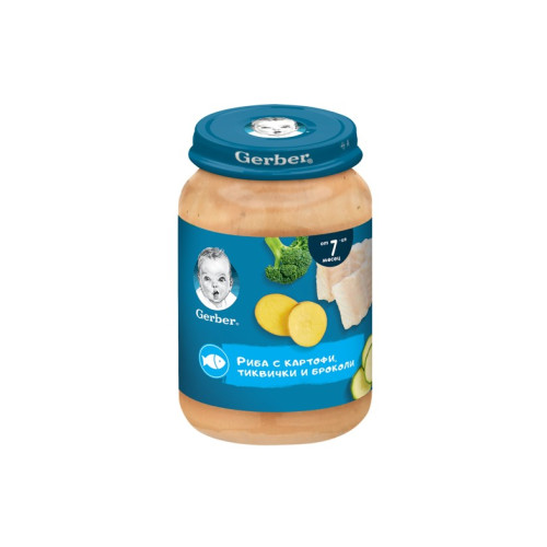 GERBER® Храна за бебета Риба с картофи пюре тиквички и броколи от 7-ия месец бурканче 190 гр