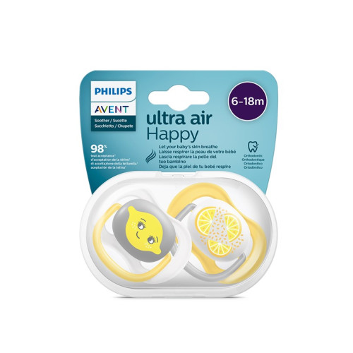 Avent Ultra Air Ортодонтична залъгалка с кутийка 6-18М лимон х 2 броя