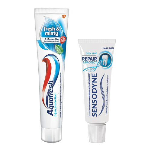 Aquafresh Triple Protection Fresh & Minty Паста за зъби синя 125 мл + Sensodyne Repair and Protect паста за зъби 15 мл Комплект 