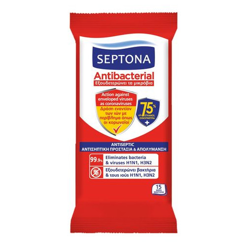 Septona Antiseptic Антибактериални мокри кърпи с антисептично действие 75% алкохол x15 бр