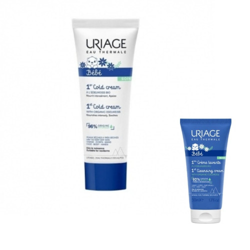 Uriage Bebe 1er Cold Cream Интензивно подхранващ бебешки крем за лице и тяло с органичен еделвайс 75 мл + Нежен пенлив душ-крем за бебета и деца за лице, тяло и коса с органичен еделвайс 50 мл Комплект