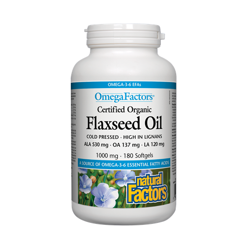 Natural Factors Flaxseed Oil Ленено масло за нормално кръвно налягане и нисък холестерол 1000 мг х 180 софтгел капсули