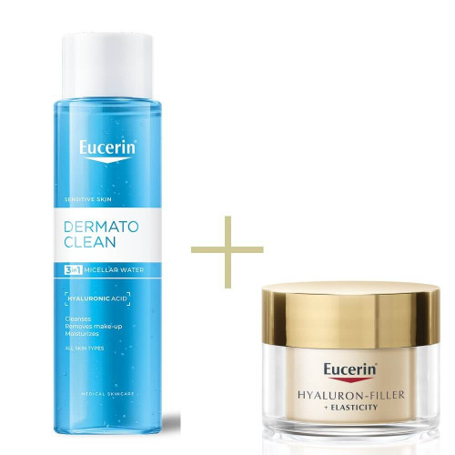 Eucerin DermatoClean Hyaluron Мицеларна почистваща вода 3в1 за всеки тип кожа 400 мл + Eucerin Hyaluron-Filler + Elasticity Дневен крем за всеки тип кожа SPF15 50 мл Комплект
