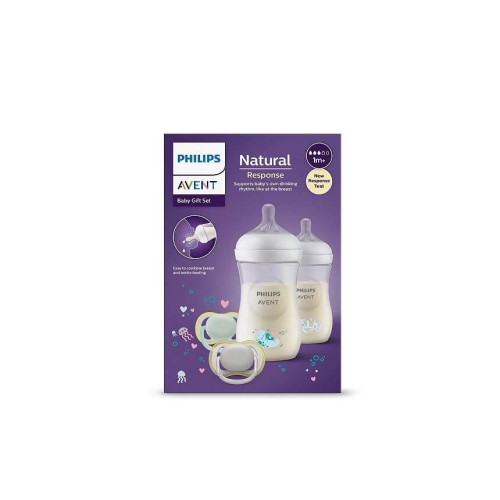 Avent Natural Response Sea Deco Бутилка с биберон среден поток 1М+ 260 мл х2 бр + Avent Ultra Air Залъгалка 0-6М х2 бр Комплект