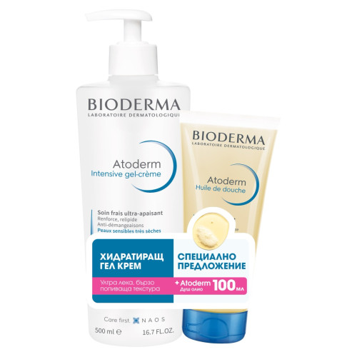 Bioderma Atoderm Интензивен успокояващ гел-крем 500 мл + Bioderma Atoderm Душ-олио за много суха и атопична кожа 100 мл Комплект
