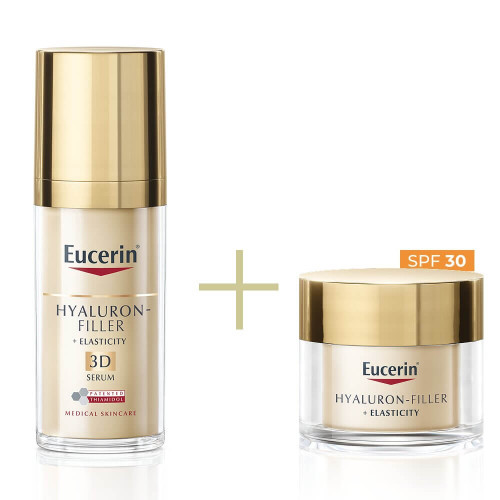 Eucerin Hyaluron-Filler + Elasticity 3D Серум за лице 30 мл + Eucerin Hyaluron-Filler + Elasticity Дневен крем за всеки тип кожа SPF30 50 мл Комплект