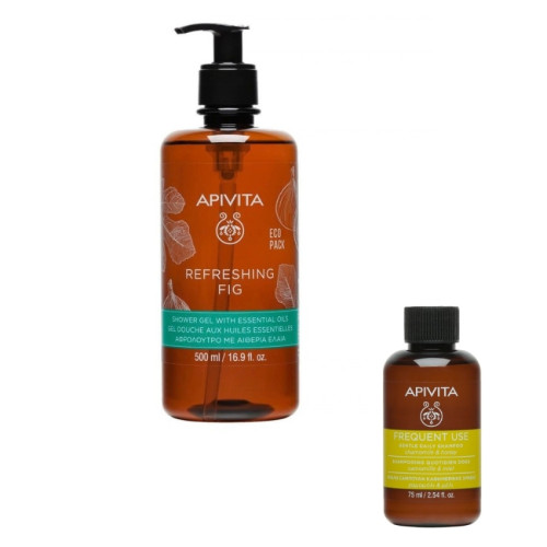 Apivita Refreshing Fig Нежен почистващ и ревитализиращ душ-гел със смокиня 500 мл + Apivita Holistic Hair Care Шампоан за честа употреба 75 мл Комплект