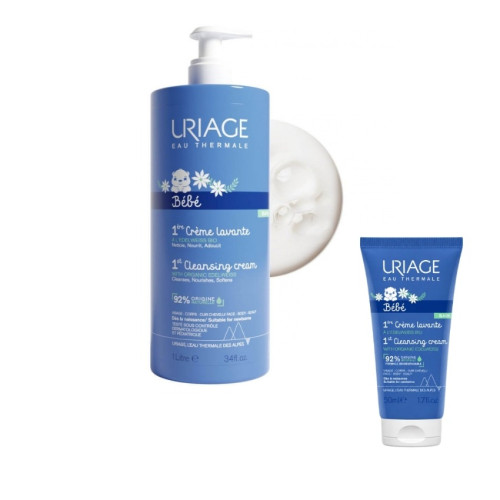 Uriage Bebe 1er Нежен пенлив душ-крем за бебета и деца за лице, тяло и коса с органичен еделвайс 1000 мл + Нежен пенлив душ-крем за бебета и деца за лице, тяло и коса с органичен еделвайс 50 мл Комплект