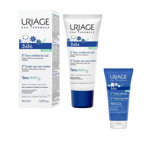 Uriage Bebe 1er Успокояващ регулиращ крем за бебета и деца при крусти 40 мл + Нежен пенлив душ-крем за бебета и деца за лице, тяло и коса с органичен еделвайс 50 мл Комплект