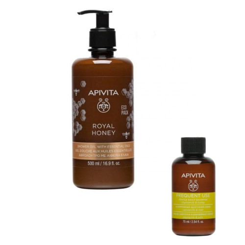 Apivita Royal Honey Хидратиращ и релаксиращ душ-гел с мед и етерични масла 500 мл + Apivita Holistic Hair Care Шампоан за честа употреба 75 мл Комплект
