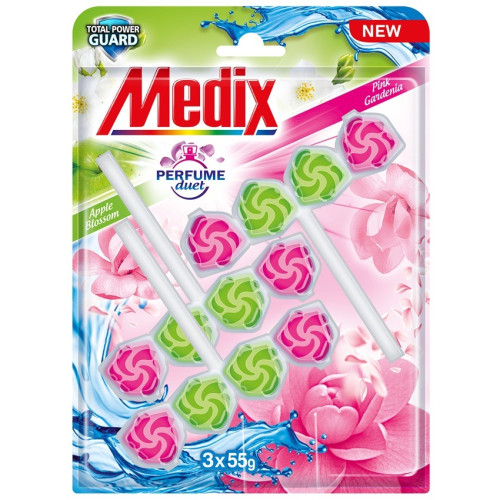 Medix WC Blocks total power guard Perfume duet Твърдо тоалетно блокче, Ябълков цвят и розова гардения 55 г х 3 бр Комплект