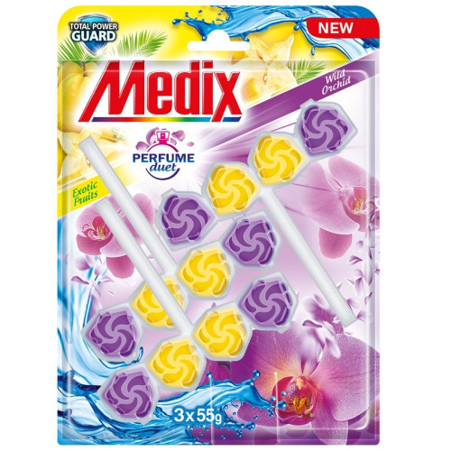 Medix WC Blocks total power guard Perfume duet Твърдо тоалетно блокче, екзотични плодове и дива орхидея 55 г х 3 бр Комплект