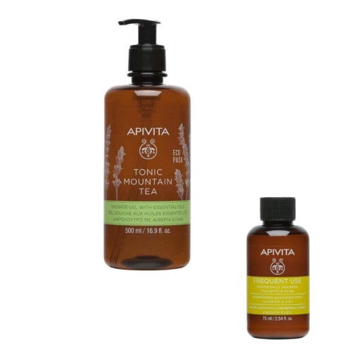 Apivita Tonic Mountain Tea Нежен почистващ и тонизиращ душ-гел с планински чай 500 мл + Apivita Holistic Hair Care Шампоан за честа употреба 75 мл Комплект