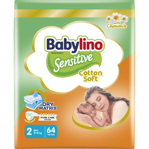 Babylino Sensitive Cotton Soft Пелени за бебета Размер 2 Mini 3-6 кг 64 броя