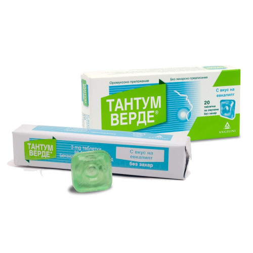 Тантум Верде с вкус на евкалипт при възпалено гърло и болки в устната кухина 3 мг x 20 таблетки Angelini 