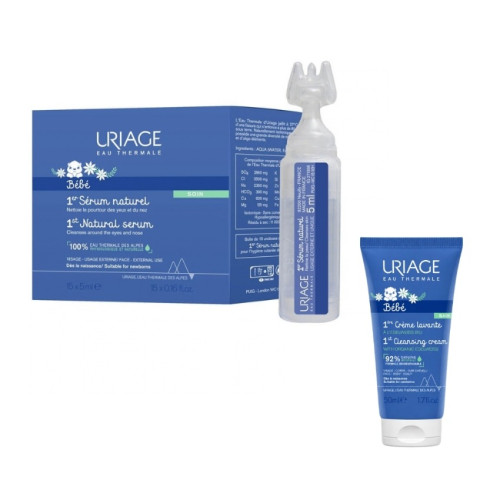 Uriage Bebe 1er Стерилни монодози за почистване на носле и очи 5 мл х 15 бр + Нежен пенлив душ-крем за бебета и деца за лице, тяло и коса с органичен еделвайс 50 мл Комплект