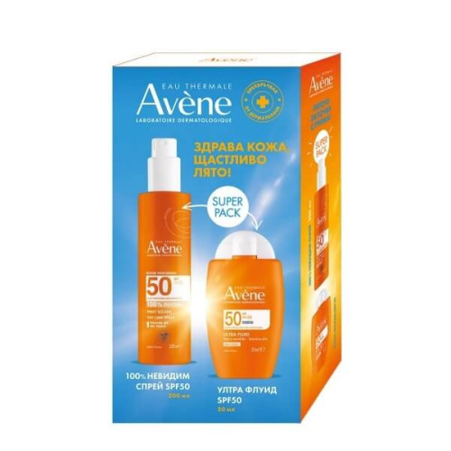Avene SPF50+ Слънцезащитен спрей 200 мл + Слънцезащитен Ултра флуид 50 мл Комплект