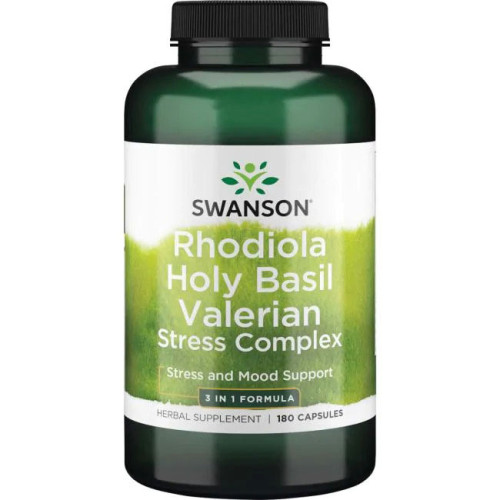 Swanson Rhodiola Holy Basil Valerian Stress Complex Родиола, Босилек, Валериана Стрес Комплекс 225/225/225 мг х 180 капсули