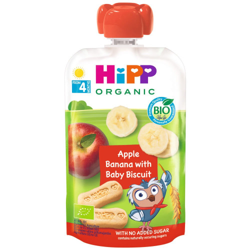 Hipp Organic Забавна закуска ябълка, банан и бисквити 4М+ 100 г