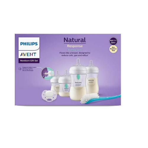 Avent Бутилка Natural Response AirFree 0М+ 125 мл 2 бр + Бутилка Natural Response AirFree 1М+ 260 мл 2 бр + 2 клапи AirFree + Avent Ultra Soft Ортодонтична залъгалка 0-6М + четка Комплект