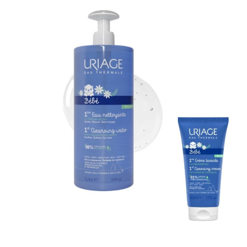 Uriage Bebe 1er EAU Почистваща вода за бебета без изплакване с органичен еделвайс 1000 мл + Нежен пенлив душ-крем за бебета и деца за лице, тяло и коса с органичен еделвайс 50 мл Комплект