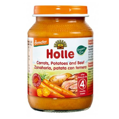 Holle Био пюре морков, картофи и говеждо месо 4М+ 190 гр