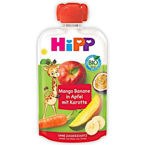 Hipp Organic Забавна закуска с манго, банан, ябълка и морков 4М+ 100 г